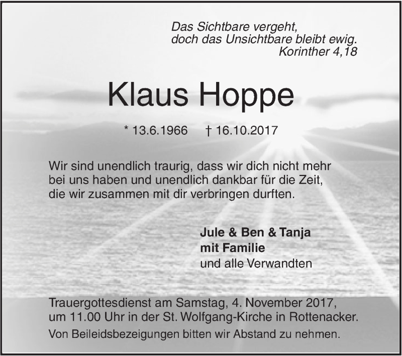  Traueranzeige für Klaus Hoppe vom 30.10.2017 aus Ehinger Tagblatt