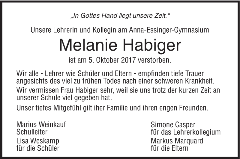  Traueranzeige für Melanie Habiger vom 14.10.2017 aus Südwest Presse
