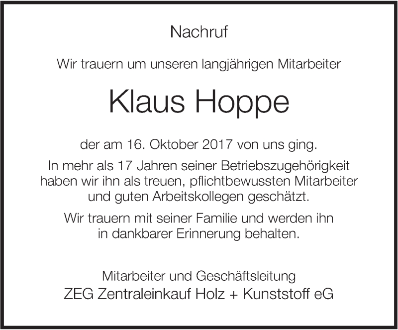  Traueranzeige für Klaus Hoppe vom 06.11.2017 aus Ehinger Tagblatt