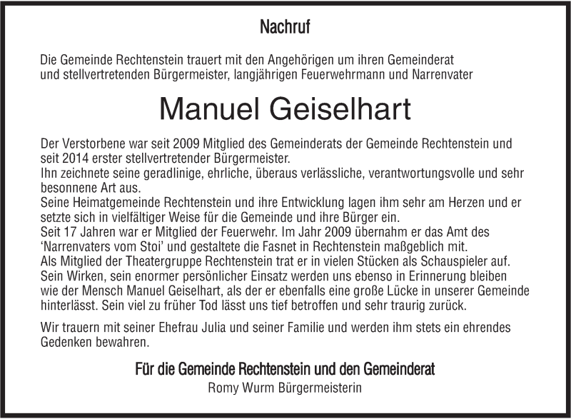  Traueranzeige für Manuel Geiselhart vom 27.11.2017 aus Ehinger Tagblatt