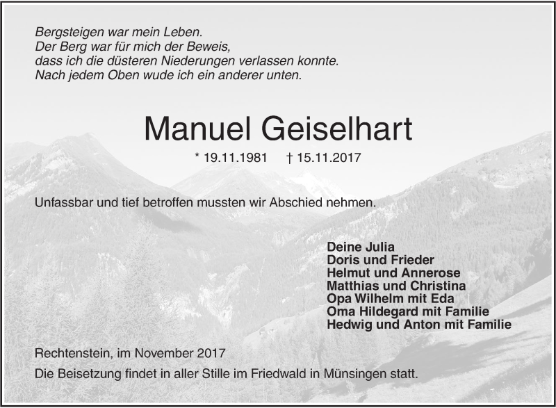  Traueranzeige für Manuel Geiselhart vom 27.11.2017 aus Ehinger Tagblatt