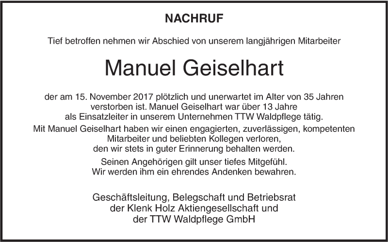  Traueranzeige für Manuel Geiselhart vom 27.11.2017 aus Ehinger Tagblatt