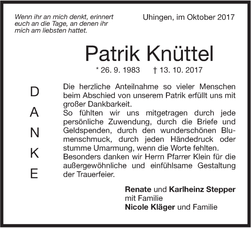  Traueranzeige für Patrik Knüttel vom 04.11.2017 aus NWZ Neue Württembergische Zeitung