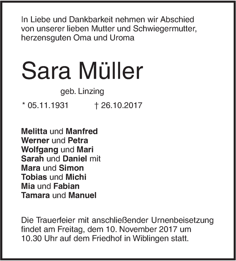  Traueranzeige für Sara Müller vom 07.11.2017 aus SÜDWEST PRESSE Ausgabe Ulm/Neu-Ulm