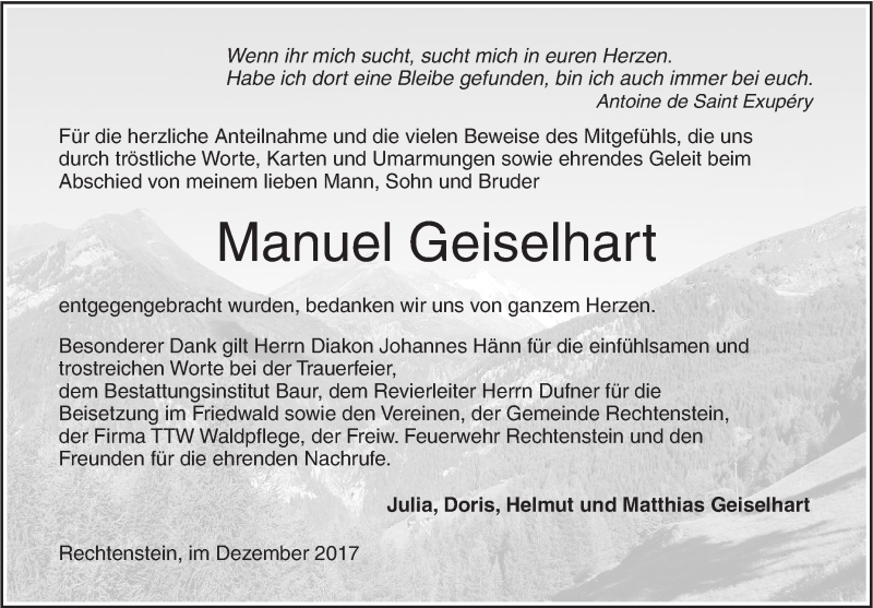  Traueranzeige für Manuel Geiselhart vom 13.12.2017 aus Ehinger Tagblatt