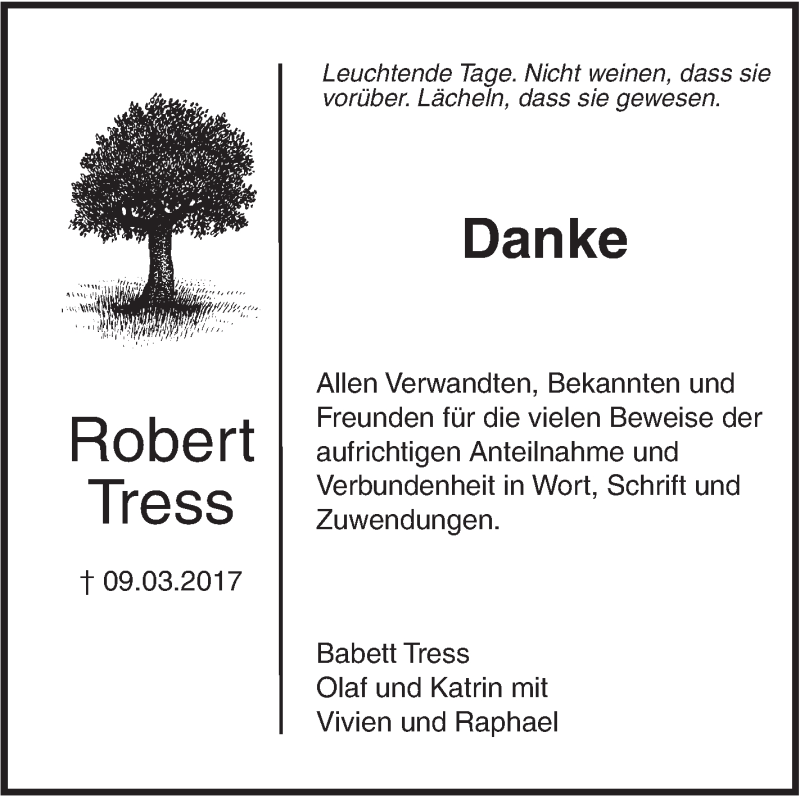  Traueranzeige für Robert Tress vom 01.04.2017 aus Südwest Presse
