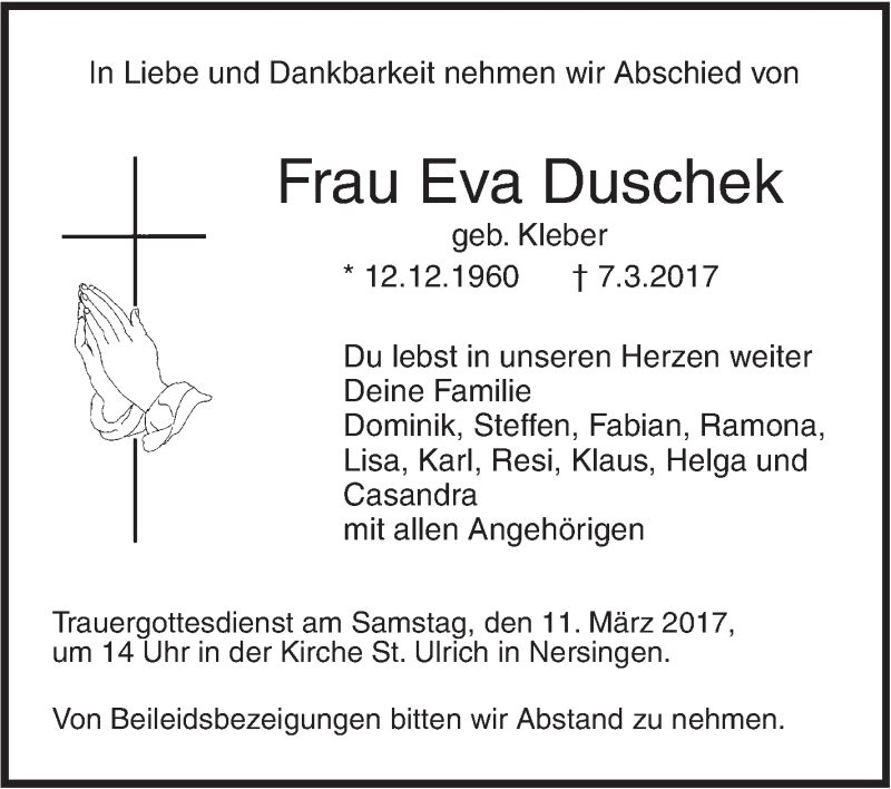  Traueranzeige für Eva Duschek vom 09.03.2017 aus Südwest Presse