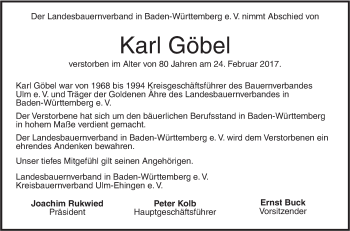 Traueranzeige von Karl Göbel von Südwest Presse