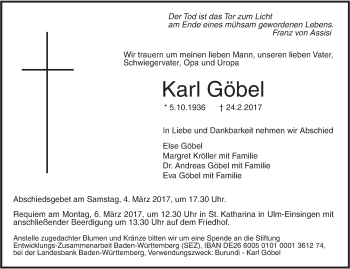 Traueranzeige von Karl Göbel von Südwest Presse