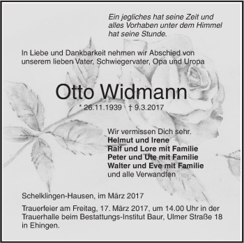 Traueranzeige von Otto Widmann von Südwest Presse
