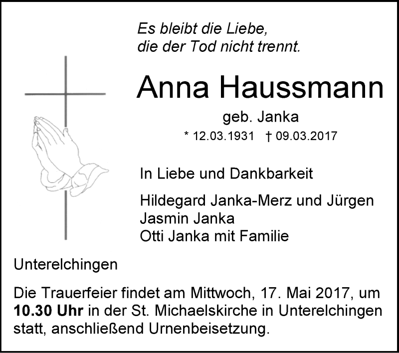  Traueranzeige für Anna Haussmann vom 12.05.2017 aus Südwest Presse