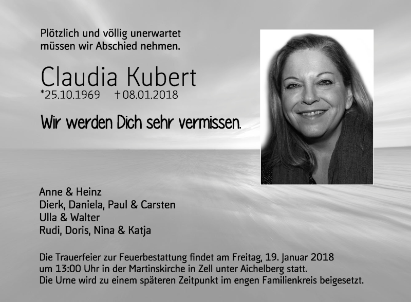  Traueranzeige für Claudia Kubert vom 16.01.2018 aus NWZ Neue Württembergische Zeitung