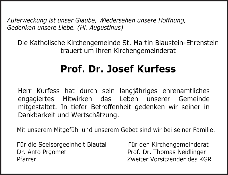  Traueranzeige für Josef Kurfess vom 28.11.2018 aus SÜDWEST PRESSE Ausgabe Ulm/Neu-Ulm