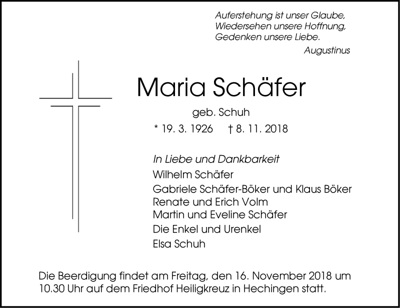  Traueranzeige für Maria Schäfer vom 13.11.2018 aus Hohenzollerische Zeitung