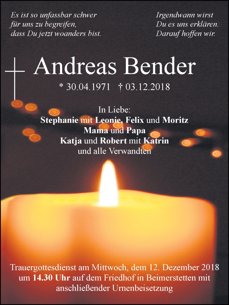  Traueranzeige für Andreas Bender vom 07.12.2018 aus SÜDWEST PRESSE Ausgabe Ulm/Neu-Ulm