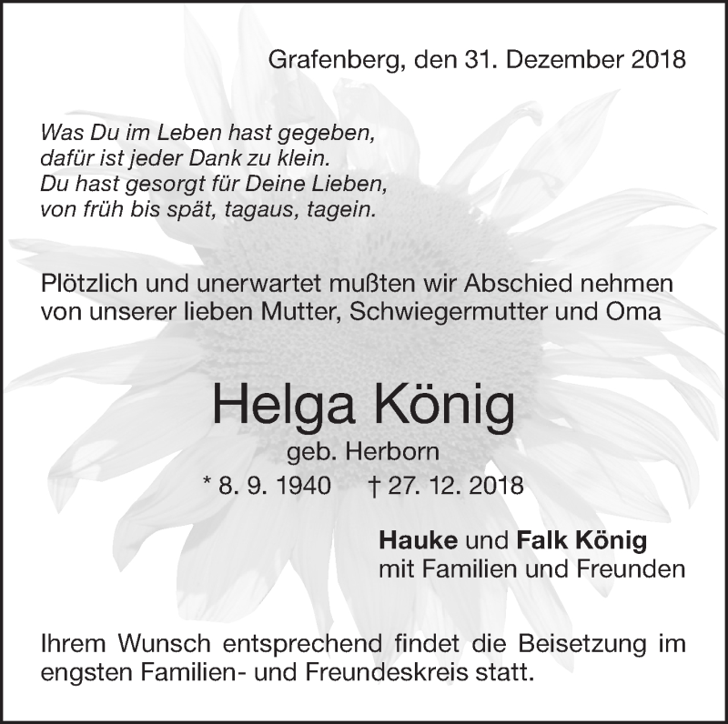  Traueranzeige für Helga König vom 31.12.2018 aus Metzinger-Uracher Volksblatt