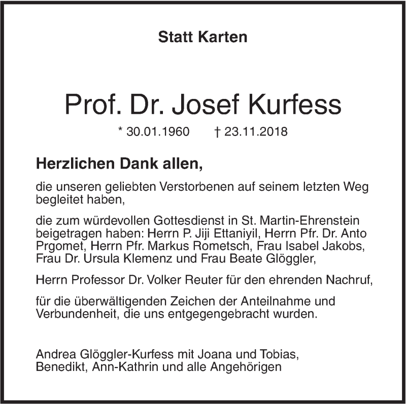  Traueranzeige für Josef Kurfess vom 12.12.2018 aus SÜDWEST PRESSE Ausgabe Ulm/Neu-Ulm