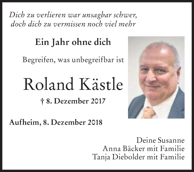  Traueranzeige für Roland Kästle vom 08.12.2018 aus SÜDWEST PRESSE Ausgabe Ulm/Neu-Ulm