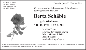 Traueranzeige von Berta Schäble von NWZ Neue Württembergische Zeitung