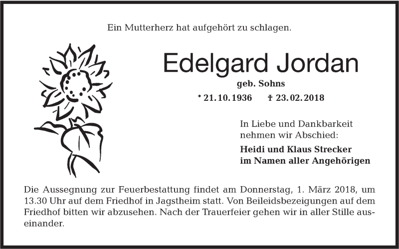  Traueranzeige für Edelgard Jordan vom 27.02.2018 aus Hohenloher Tagblatt