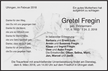 Traueranzeige von Gretel Fregin von NWZ Neue Württembergische Zeitung