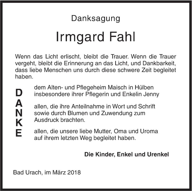  Traueranzeige für Irmgard Fahl vom 08.03.2018 aus Metzinger-Uracher Volksblatt
