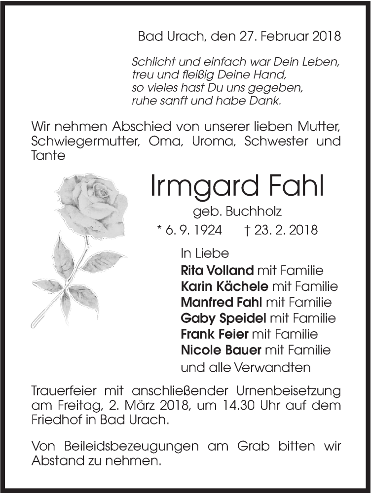  Traueranzeige für Irmgard Fahl vom 27.02.2018 aus Metzinger-Uracher Volksblatt