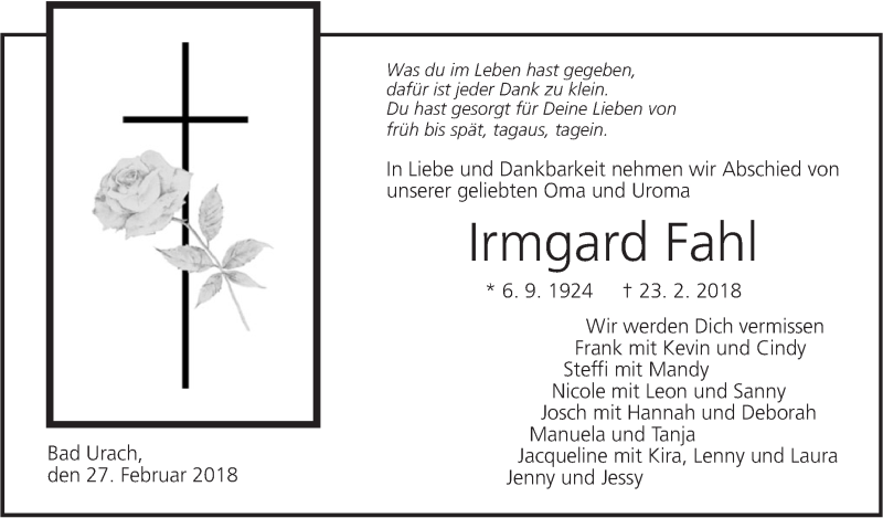  Traueranzeige für Irmgard Fahl vom 27.02.2018 aus Metzinger-Uracher Volksblatt