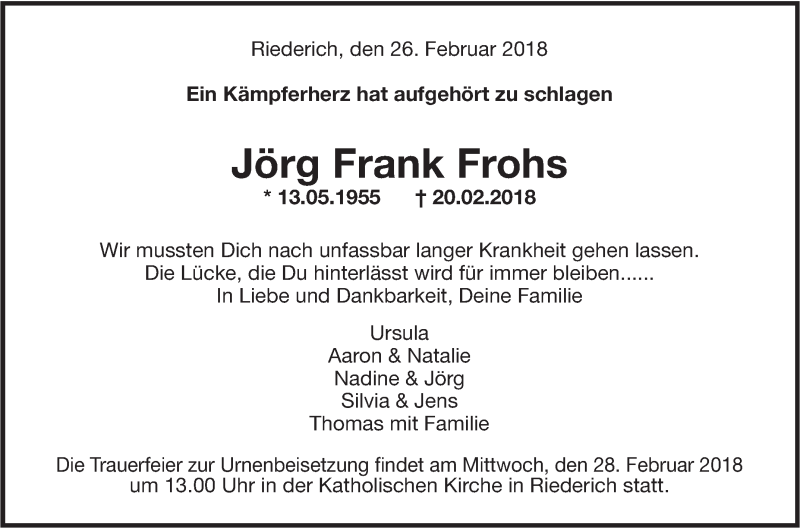  Traueranzeige für Jörg Frank Frohs vom 26.02.2018 aus Metzinger-Uracher Volksblatt