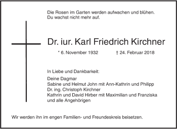 Traueranzeige von Karl Friedrich Kirchner von SÜDWEST PRESSE Ausgabe Ulm/Neu-Ulm