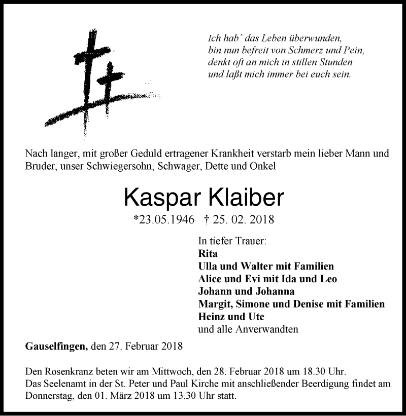  Traueranzeige für Kaspar Klaiber vom 27.02.2018 aus Hohenzollerische Zeitung
