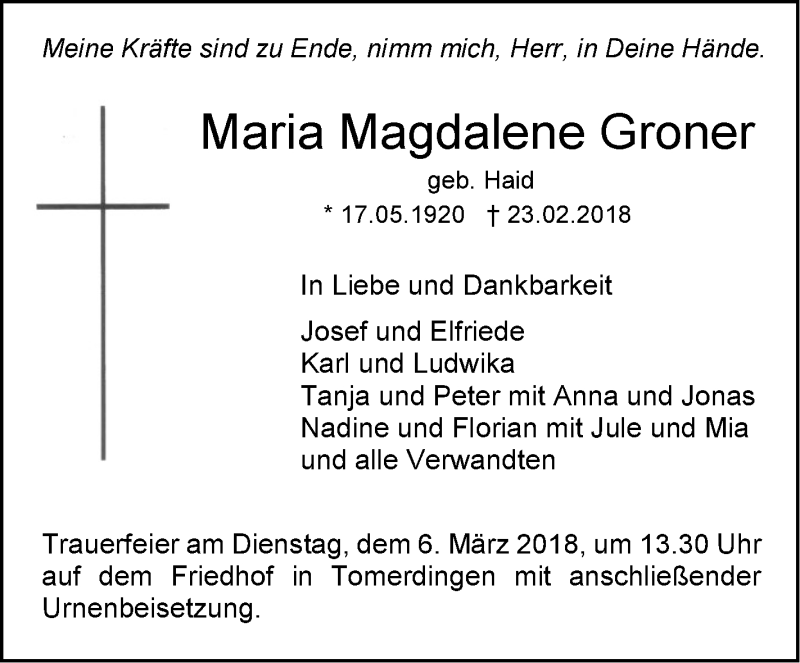  Traueranzeige für Maria Magdalene Groner vom 02.03.2018 aus SÜDWEST PRESSE Ausgabe Ulm/Neu-Ulm