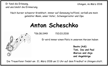 Traueranzeige von Anton Scheschko von NWZ Neue Württembergische Zeitung