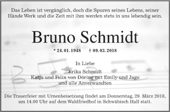 Traueranzeige von Bruno Schmidt von Hohenloher Tagblatt