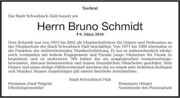 Traueranzeige von Bruno Schmidt von Haller Tagblatt