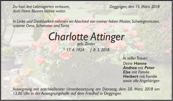 Traueranzeige von Charlotte Attinger von Geislinger Zeitung