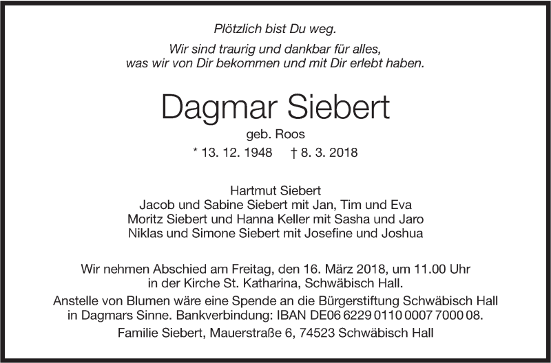  Traueranzeige für Dagmar Siebert vom 12.03.2018 aus Haller Tagblatt