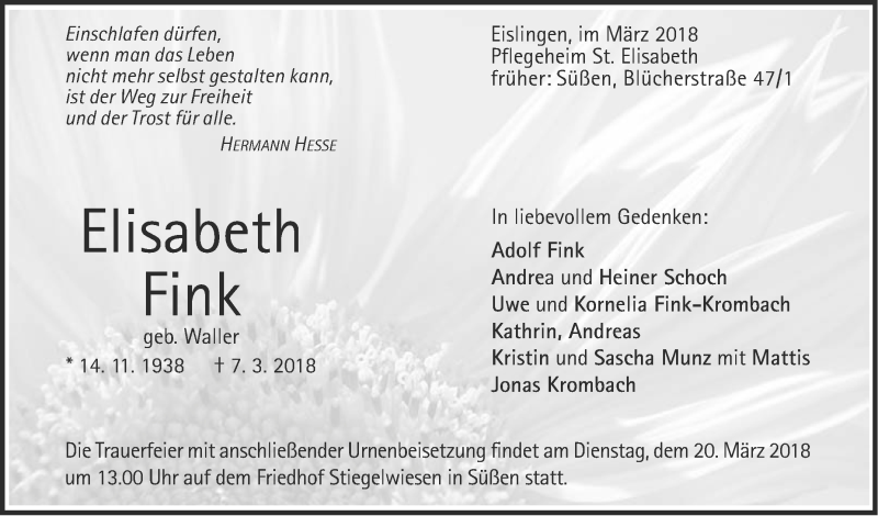  Traueranzeige für Elisabeth Fink vom 17.03.2018 aus NWZ Neue Württembergische Zeitung/Geislinger Zeitung