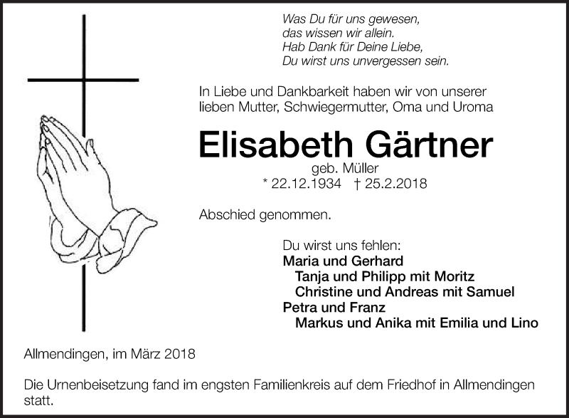  Traueranzeige für Elisabeth Gärtner vom 09.03.2018 aus Ehinger Tagblatt