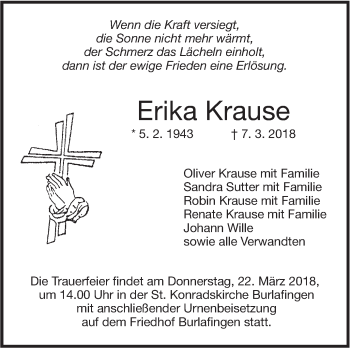 Traueranzeige von Erika Krause von SÜDWEST PRESSE Ausgabe Ulm/Neu-Ulm