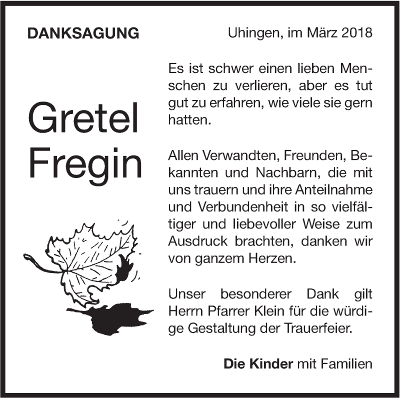  Traueranzeige für Gretel Fregin vom 15.03.2018 aus NWZ Neue Württembergische Zeitung