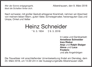 Traueranzeige von Heinz Schneider von NWZ Neue Württembergische Zeitung