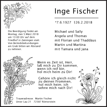 Traueranzeige von Inge Fischer von Metzinger-Uracher Volksblatt