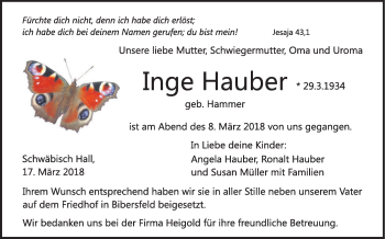 Traueranzeige von Inge Hauber von Haller Tagblatt