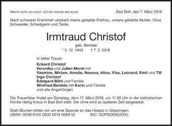 Traueranzeige von Irmtraud Christof von NWZ Neue Württembergische Zeitung
