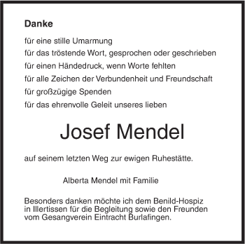 Traueranzeige von Josef Mendel von SÜDWEST PRESSE Ausgabe Ulm/Neu-Ulm