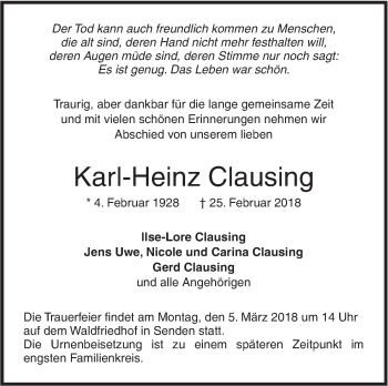 Traueranzeige von Karl-Heinz Clausing von SÜDWEST PRESSE Ausgabe Ulm/Neu-Ulm