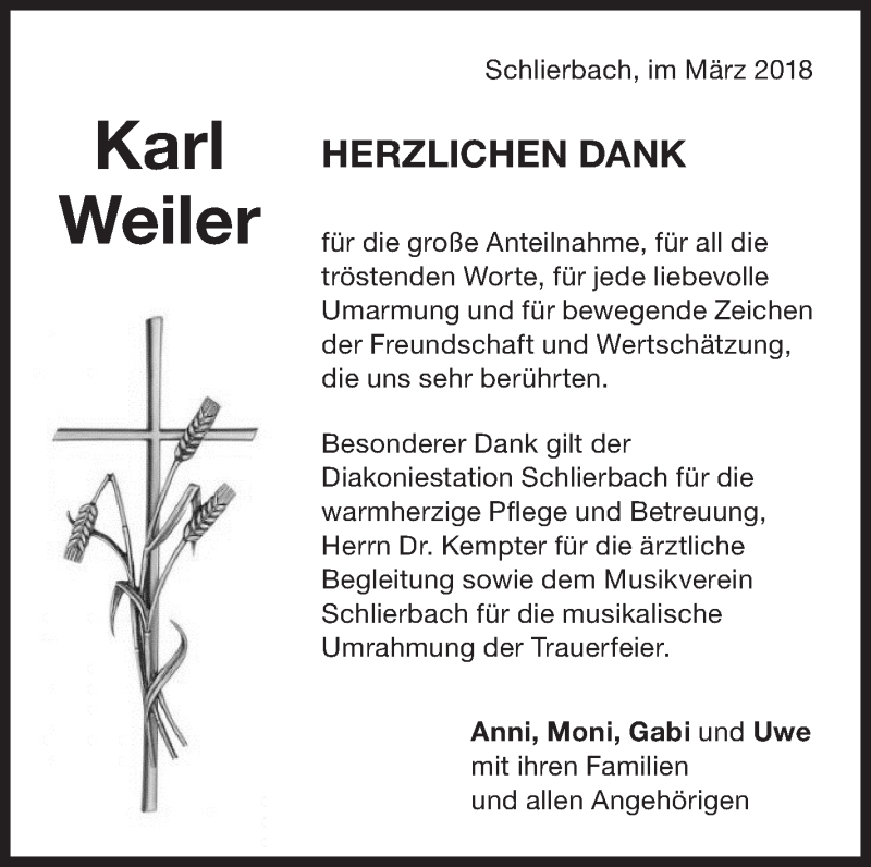  Traueranzeige für Karl Weiler vom 28.03.2018 aus NWZ Neue Württembergische Zeitung