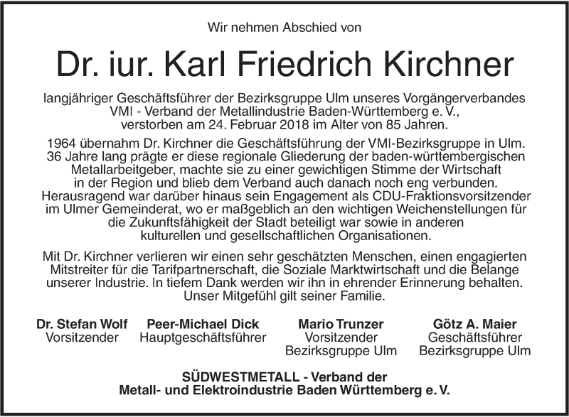  Traueranzeige für Karl Friedrich Kirchner vom 01.03.2018 aus SÜDWEST PRESSE Ausgabe Ulm/Neu-Ulm