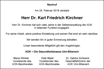 Traueranzeige von Karl Friedrich Kirchner von SÜDWEST PRESSE Ausgabe Ulm/Neu-Ulm